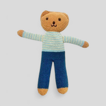 Load image into Gallery viewer, Organic crocheted teddy bear wearing a striped sweater and blue pants - Baby soft toys