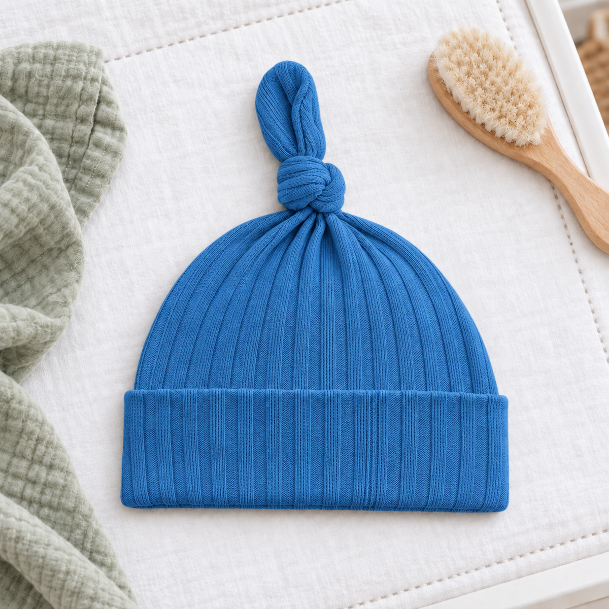 Azure blue ribbed cotton newborn baby knot hat with folded cuff, displayed on white bedding beside a wooden baby brush and sage green muslin