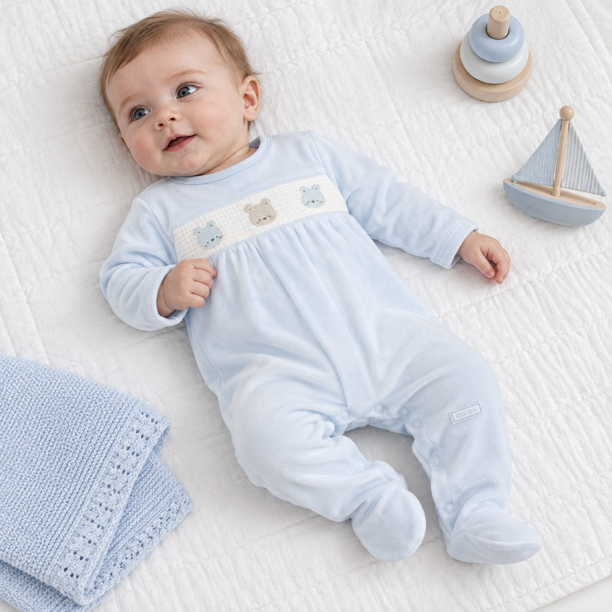 Baby boy wearing pastel blue velour sleepsuit with embroidered teddy bear smocked chest panel and enclosed feet