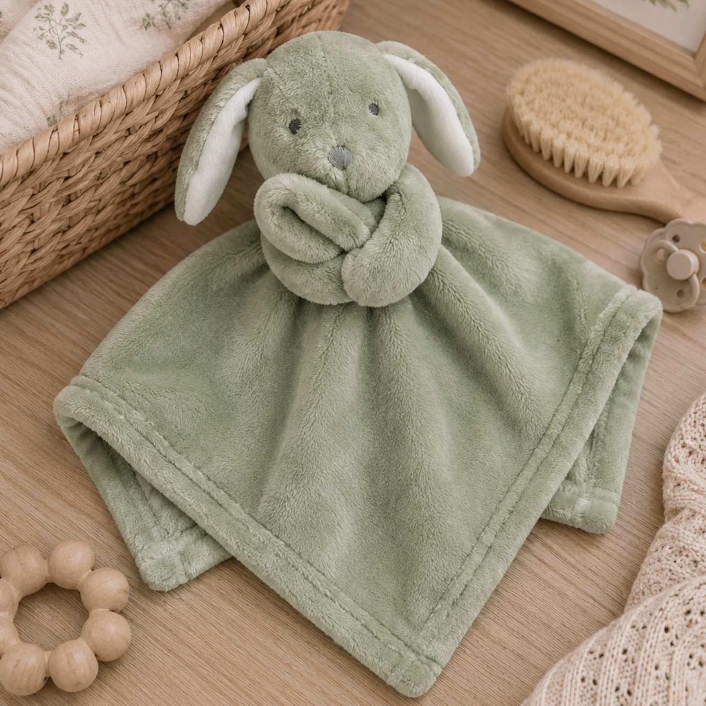 Sage green baby bunny comforter – soft comfort toy and gender-neutral baby gift