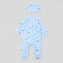 Load image into Gallery viewer, Baby sleepsuit and hat set with dinosaur pattern