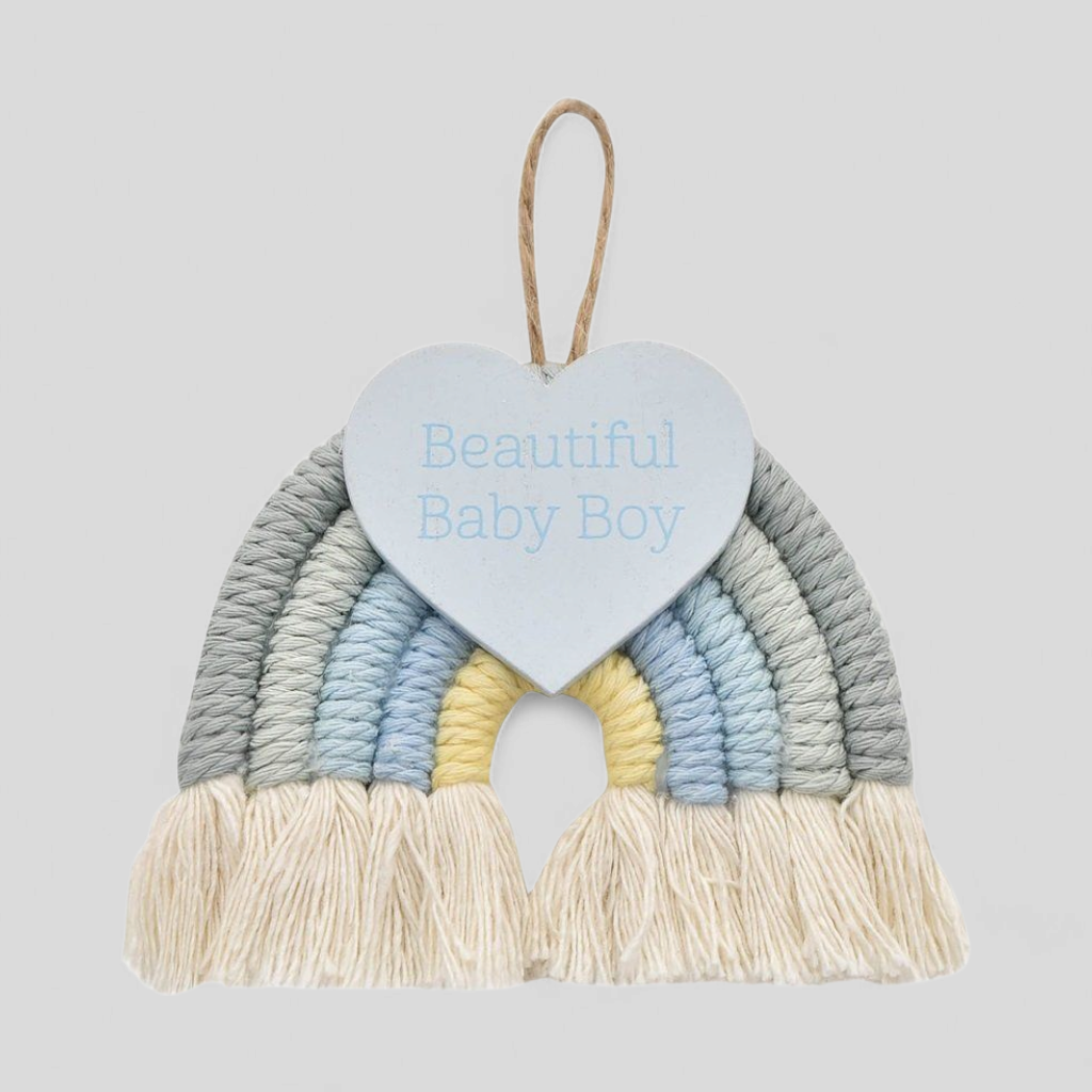Decorative wall hanging with 'Beautiful Baby Boy' heart rainbow