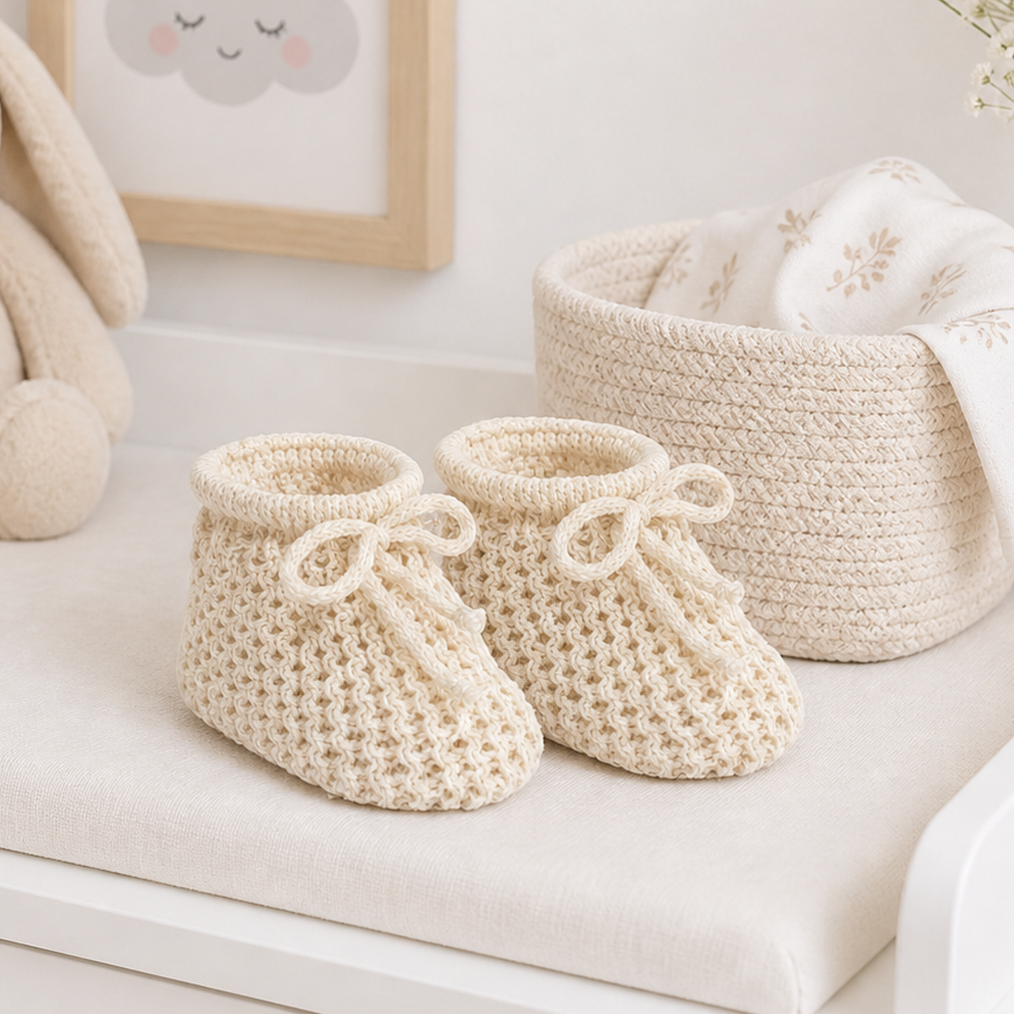 Neutral beige baby booties – warm newborn gift idea for boys or girls