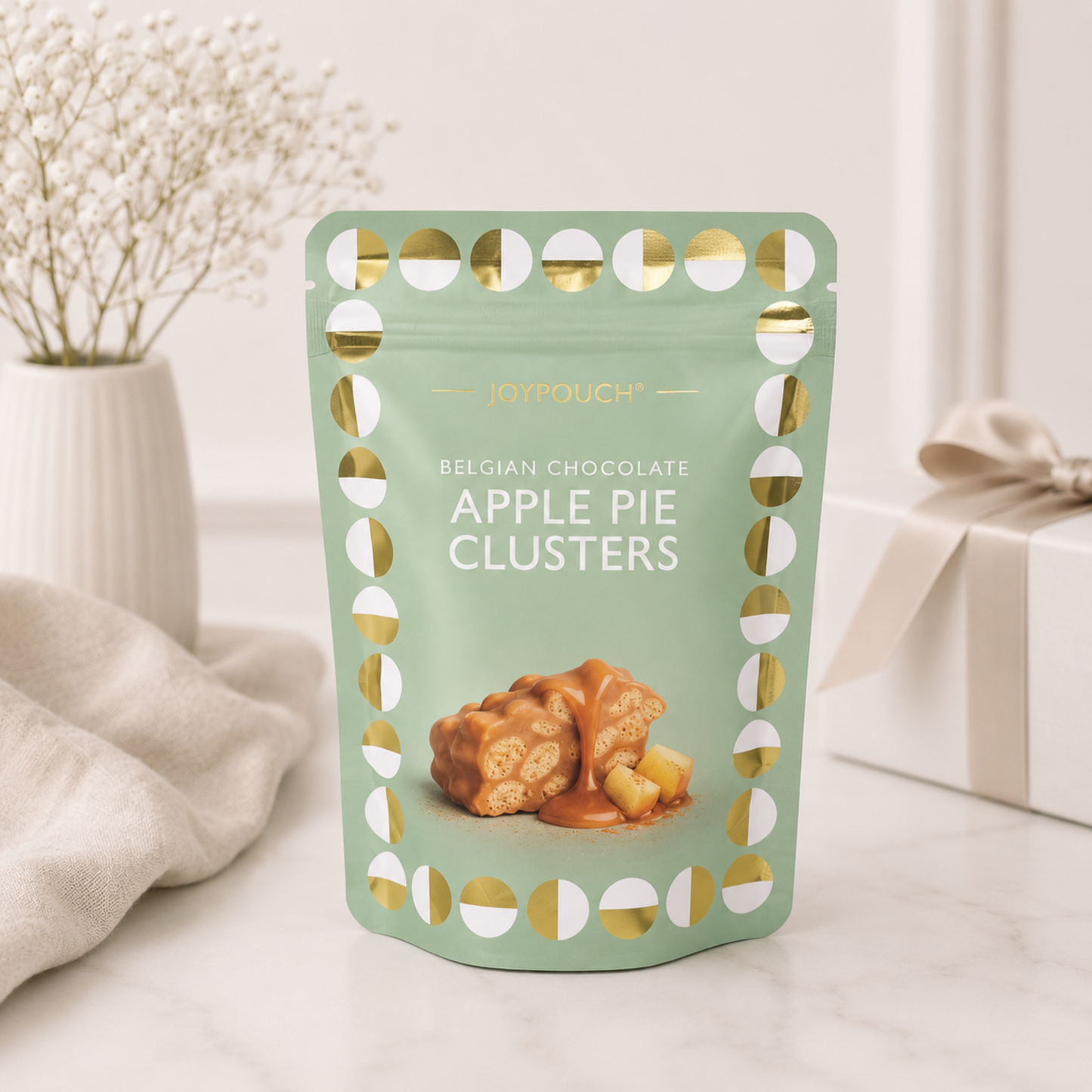 Belgian Chocolate Apple Pie Clusters in a luxury gift pouch, perfect for Build Your Own Baby Gift Hampers, new mum gifts and gifts for new parents.
