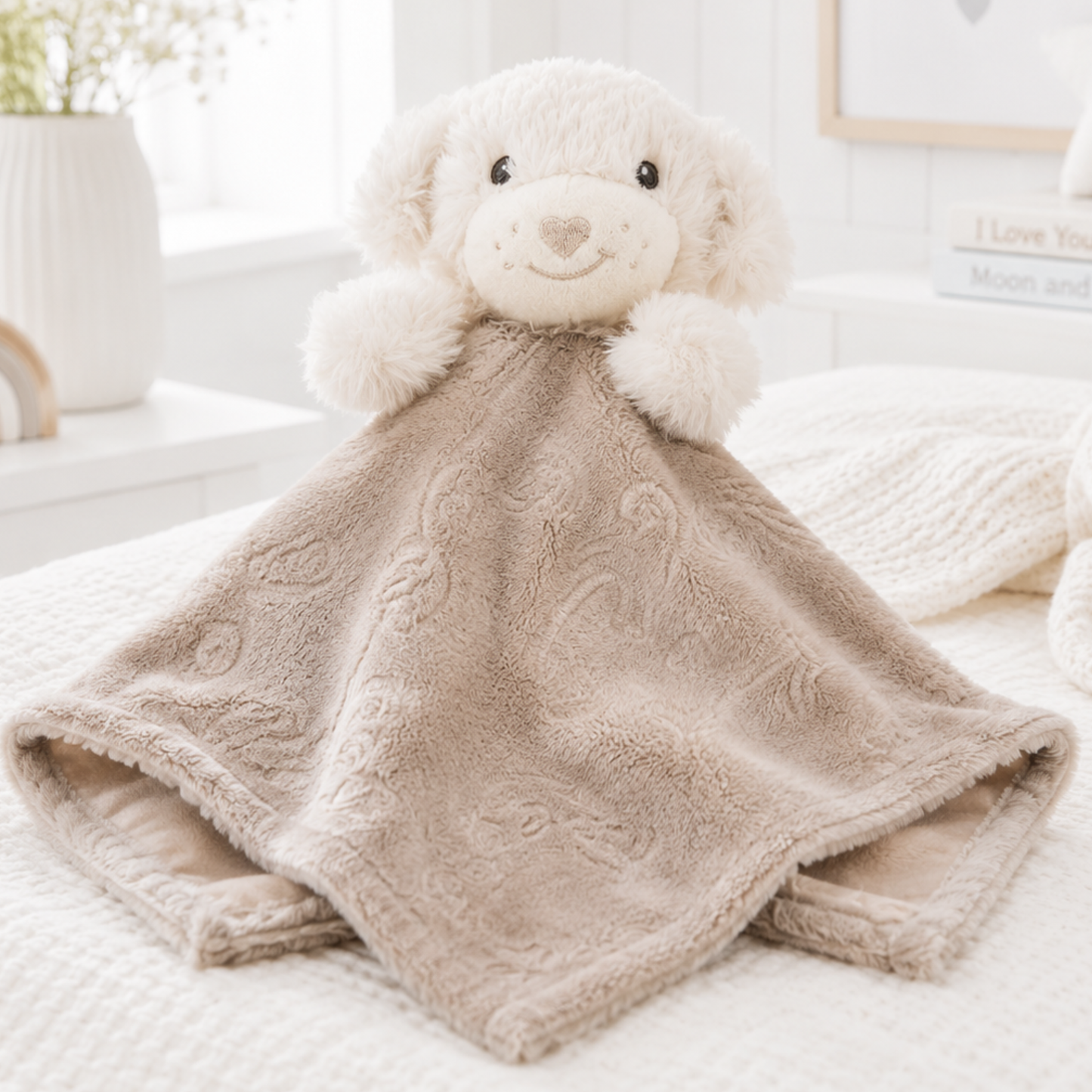 Biscuit baby comforter with a soft plush puppy and embossed comfort blanket in a neutral biscuit colour.