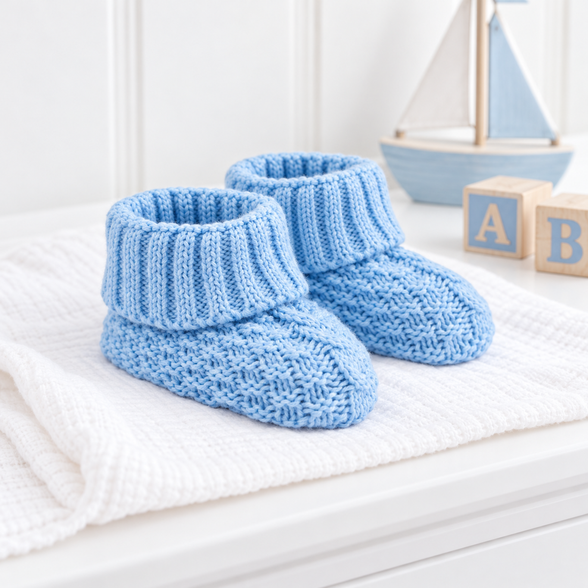 Pair of baby blue cotton knitted booties with ribbed fold-over cuffs, displayed on white nursery bedding beside a wooden sailboat.