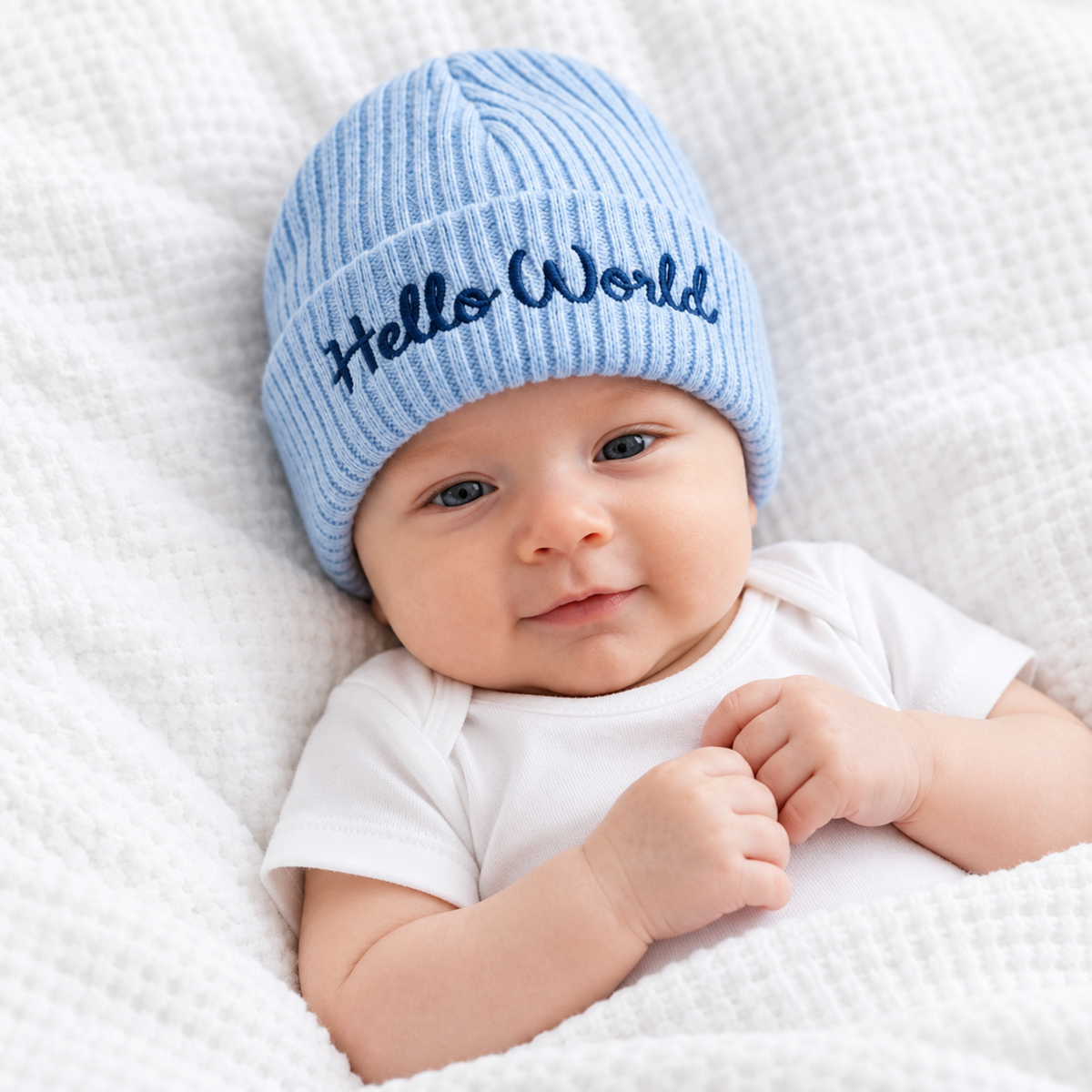 Newborn baby boy wearing a light blue ribbed knitted beanie hat with navy blue Hello World embroidery.