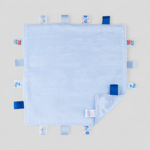 Load image into Gallery viewer, Blue vehicle embossed baby taggy comforter