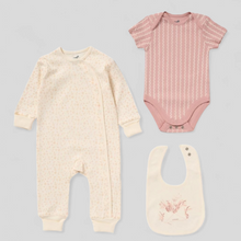 Load image into Gallery viewer, Baby onesie, bib, and pink bodysuit. Baby clothes gift set.