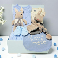 Load image into Gallery viewer, Bunny Dreams Baby Boy Gift Hamper – blue and brown newborn gift set with blanket, bunny toy, comforter, and baby clothes