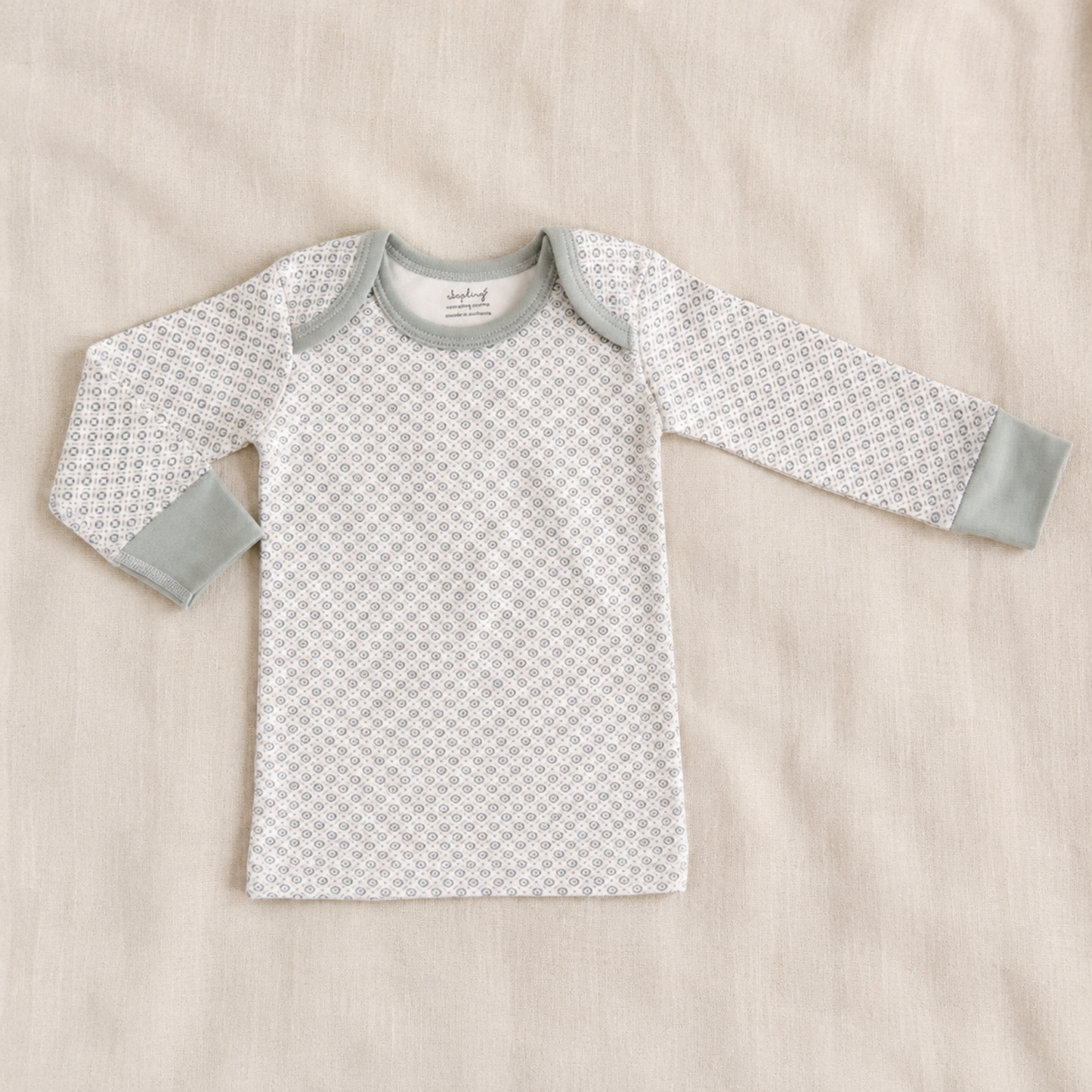 Dove grey organic cotton long sleeve baby top 0–3 months with geometric print and envelope neck