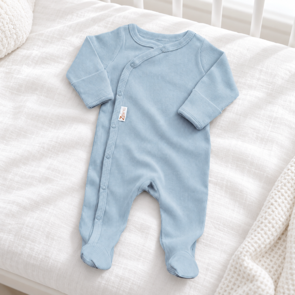 Dusky blue cotton ribbed sleepsuit for newborn boys