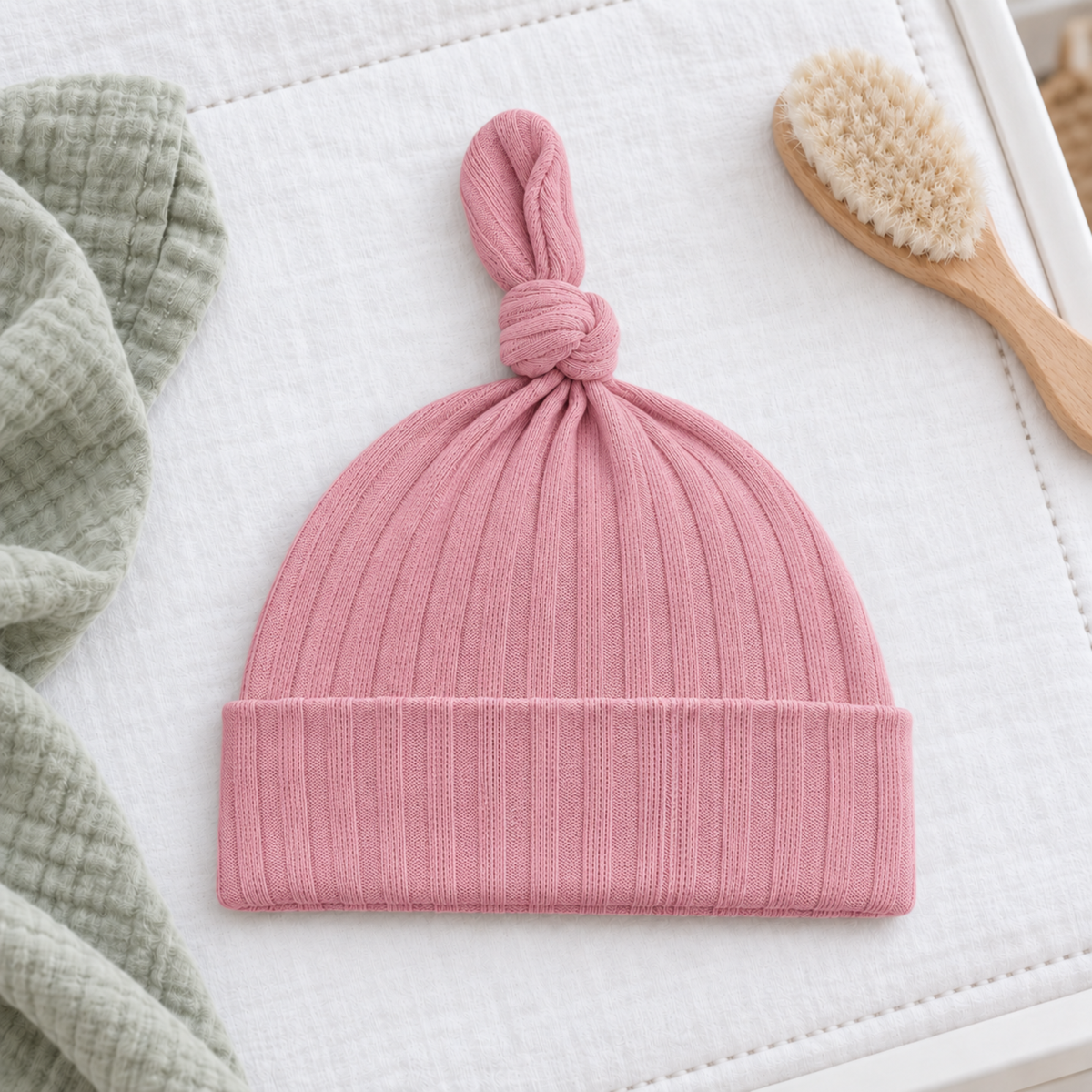 Dusty pink ribbed cotton baby hat with a knotted top and fold-over cuff, displayed on white nursery bedding.
