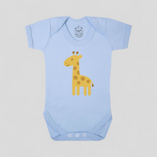 Load image into Gallery viewer, Blue baby onesie with a yellow giraffe design, gifts for baby boys