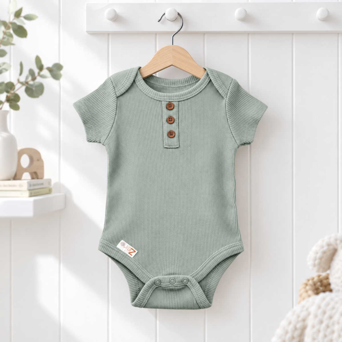 A sage green short-sleeve baby bodysuit with three brown buttons on the chest.