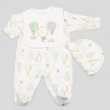 Load image into Gallery viewer, Baby onesie and hat set with hot air balloon pattern