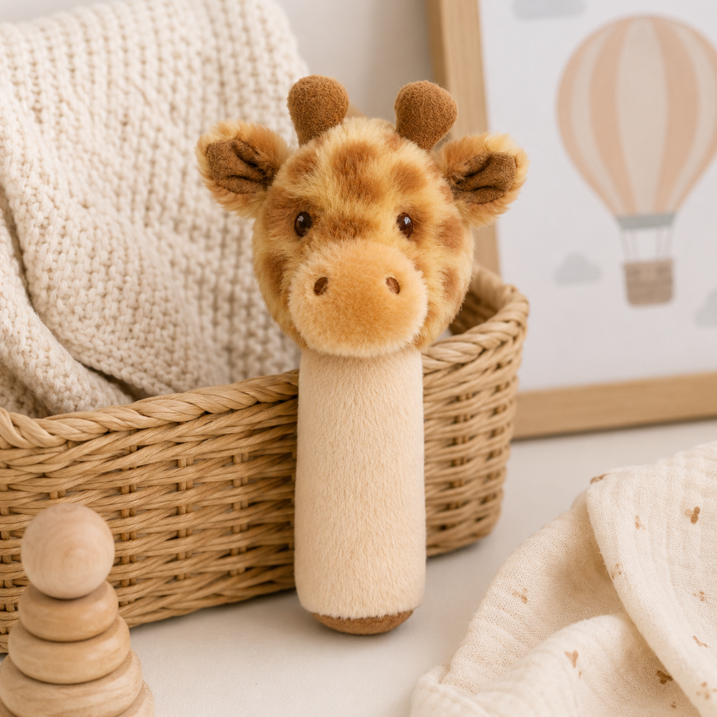 Keeleco Huggy Giraffe Stick Rattle made from 100% recycled materials by Keel Toys.