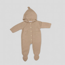 Load image into Gallery viewer, Taupe Knitted All in One with Pom Pom Hood - Newborn Baby Clothes