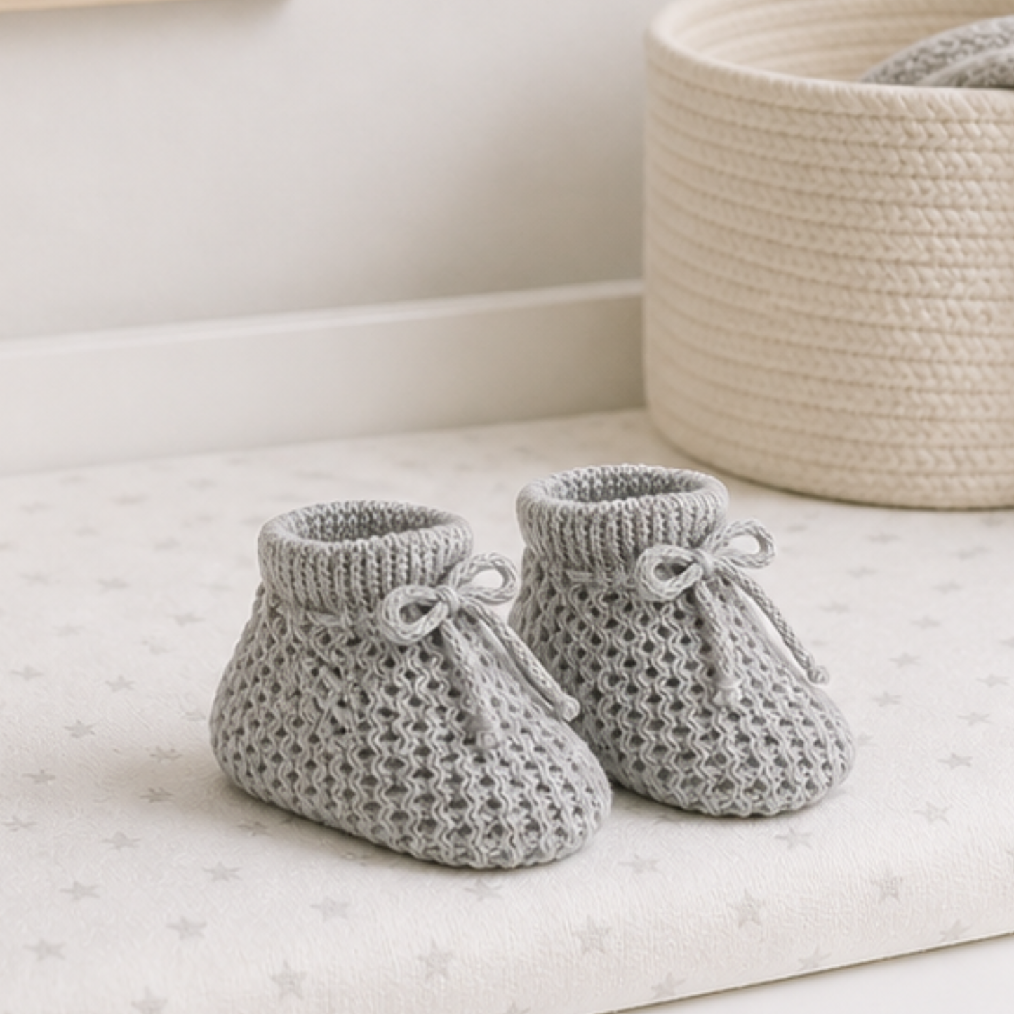 Pebble grey baby booties – unisex newborn baby gift from Ema and Boo
