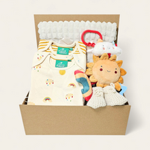 Load image into Gallery viewer, Baby Gift Hamper – organic rainbow bodysuits, baby blanket, plush toy and booties in luxury gift box