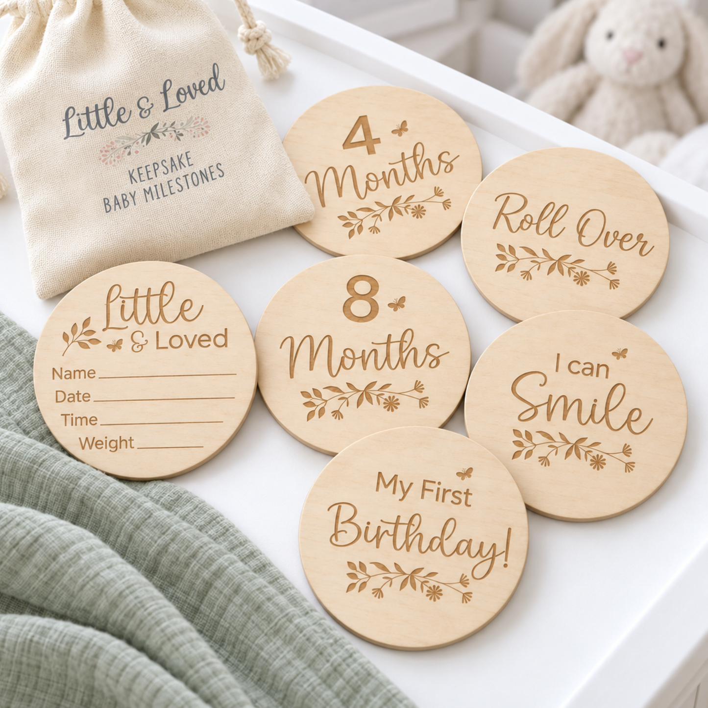 Little & Loved wooden baby milestone discs with fabric keepsake bag for baby's first year photos