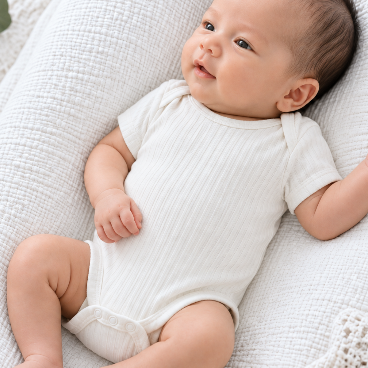 Baby wearing Marshmallow ribbed 100% cotton bodysuit in size 3–6 months
