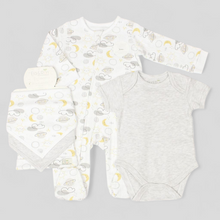 Load image into Gallery viewer, Set of baby clothing including onesies and a romper with cloud patterns, gift set