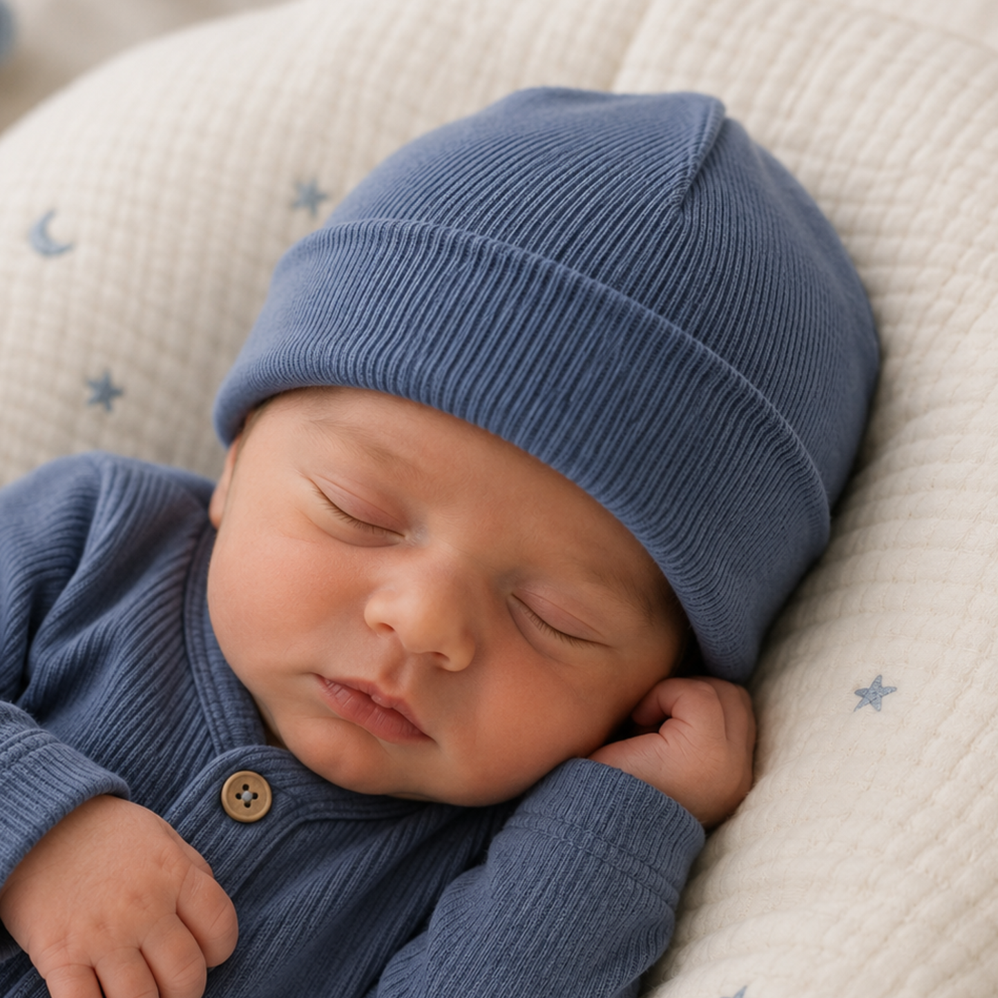 Sleeping newborn baby wearing a navy blue cotton turnover beanie hat.