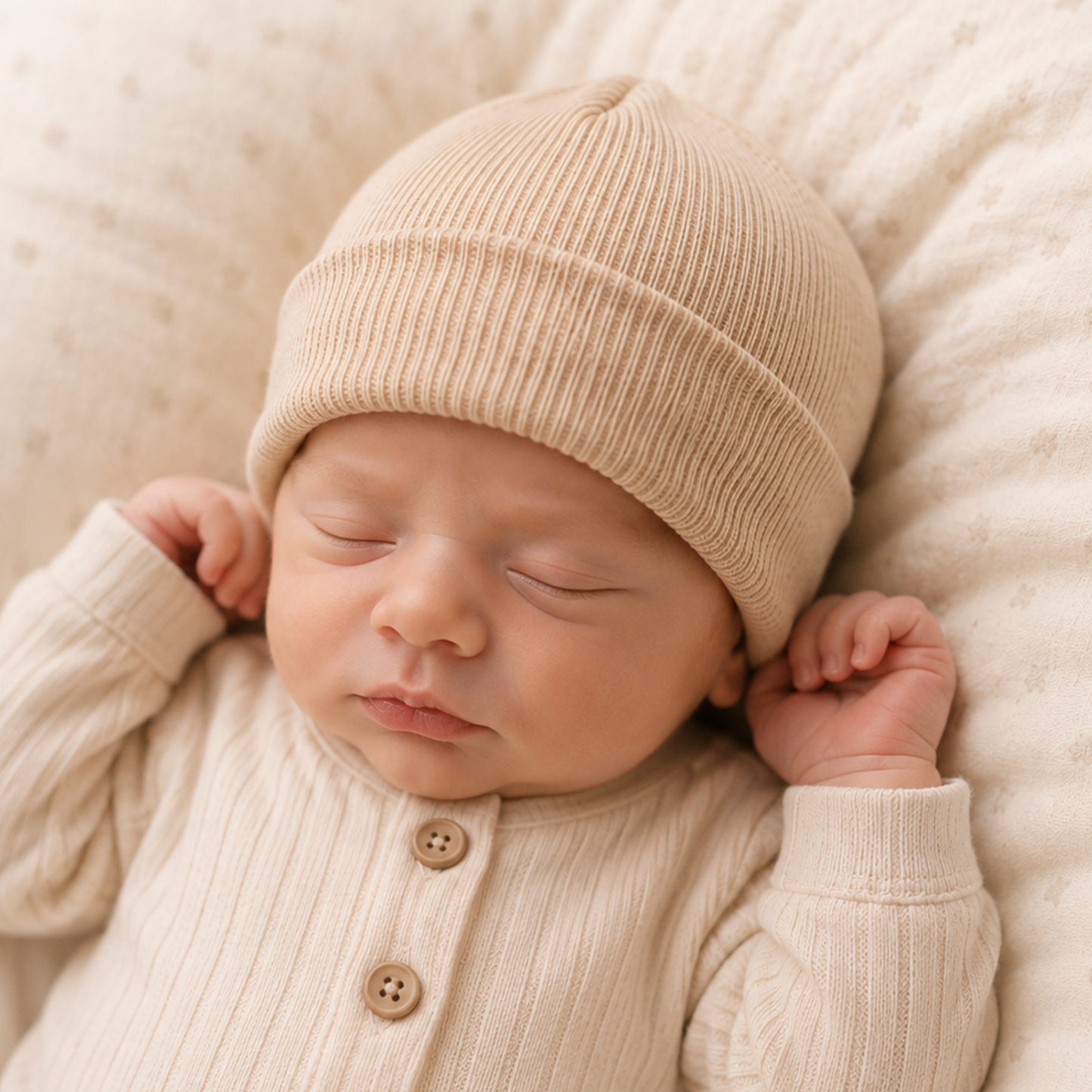 Sleeping newborn baby wearing a neutral beige cotton turnover beanie hat.
