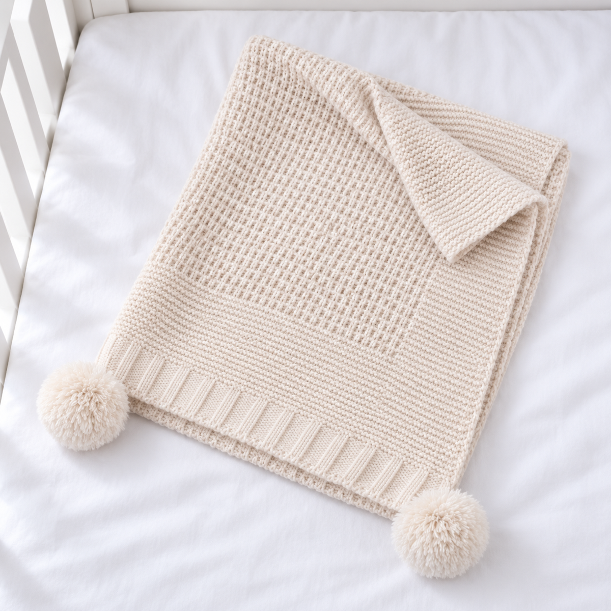 Neutral Knitted Baby Blanket with Pom Poms – Newborn Gift