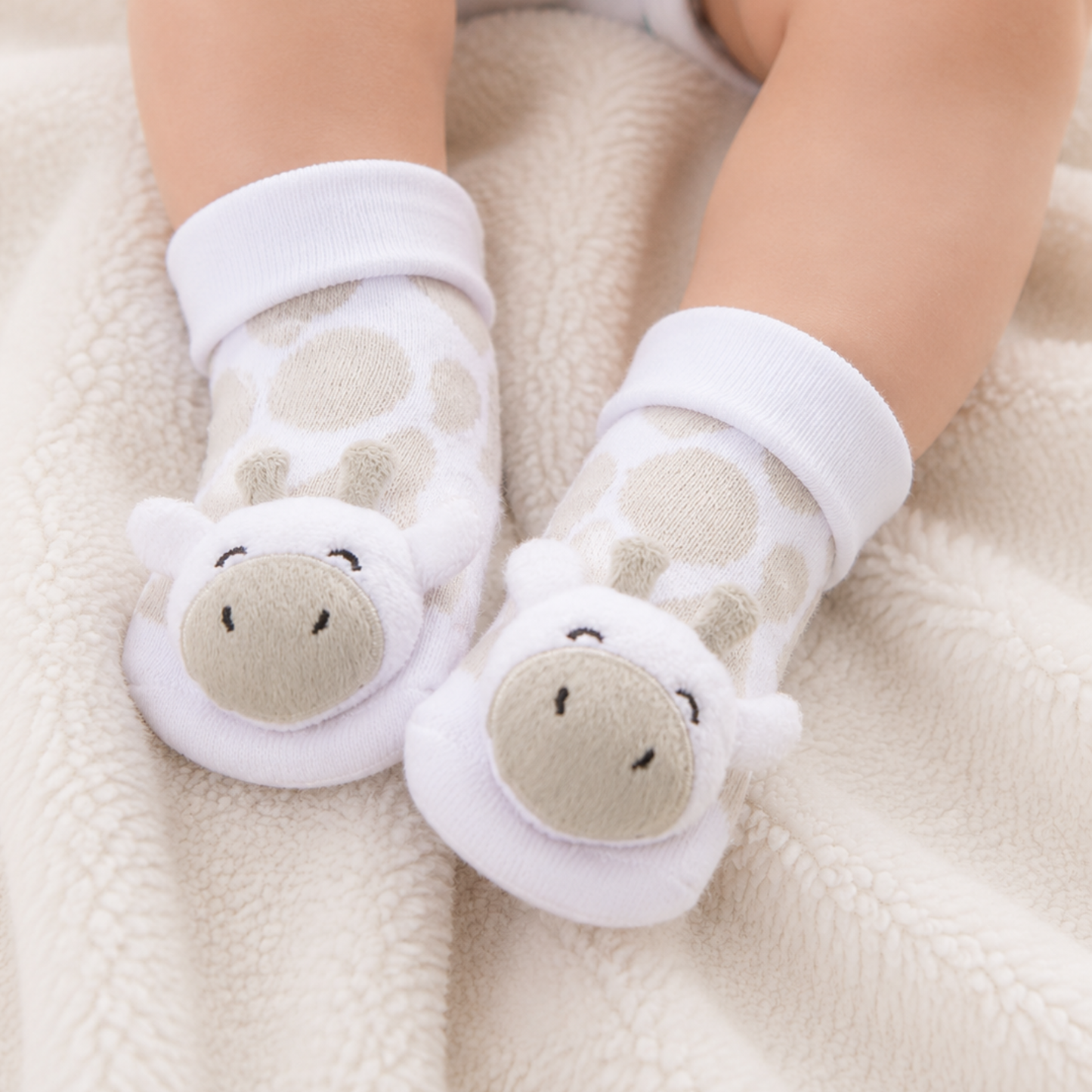 Novelty giraffe baby rattle socks for newborn babies with soft plush giraffe faces and built-in rattles.