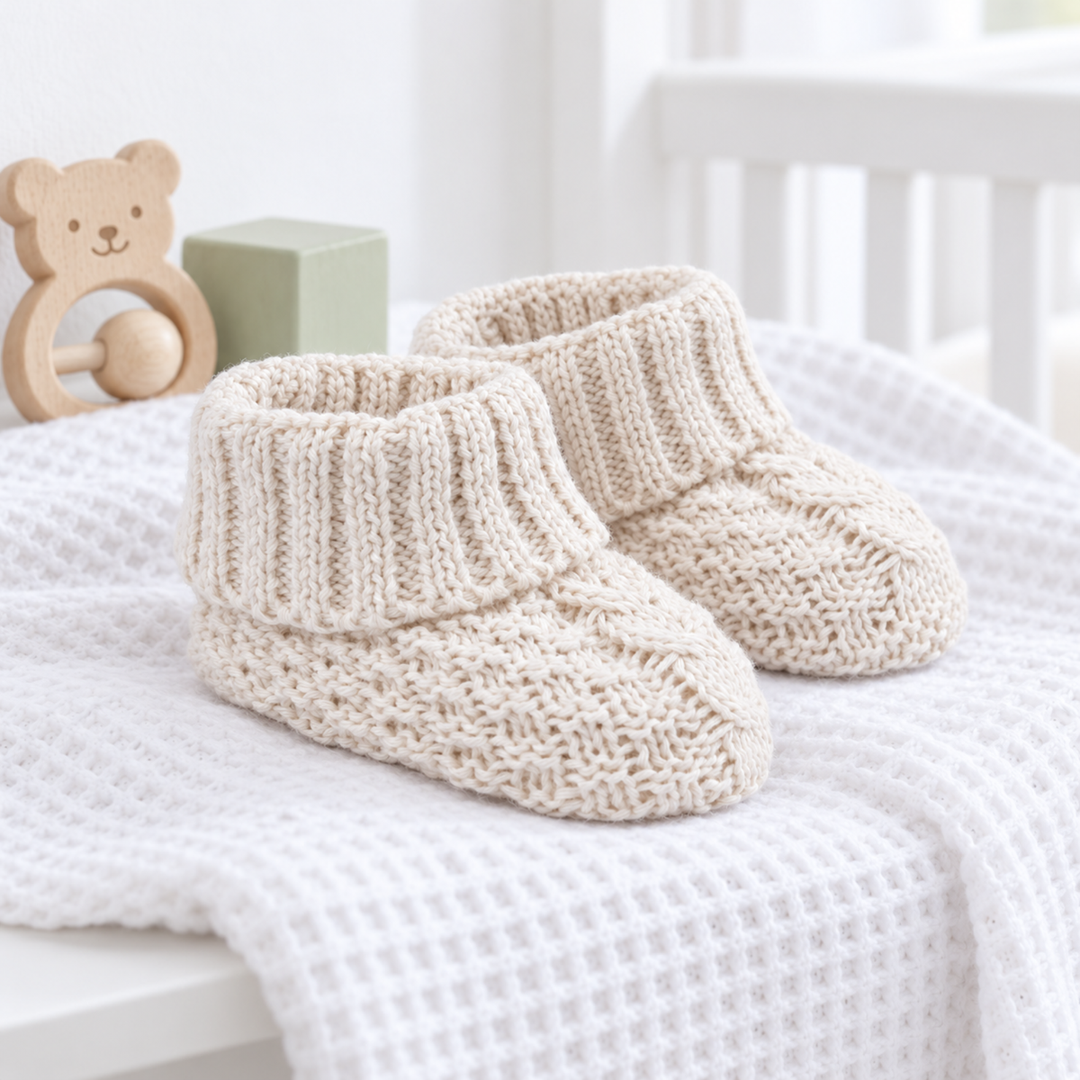 Oatmeal cotton knitted newborn baby booties with ribbed fold-over cuffs, displayed on a white knitted blanket.