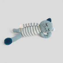 Load image into Gallery viewer, Knitted sleepy cat toy with blue and beige stripes