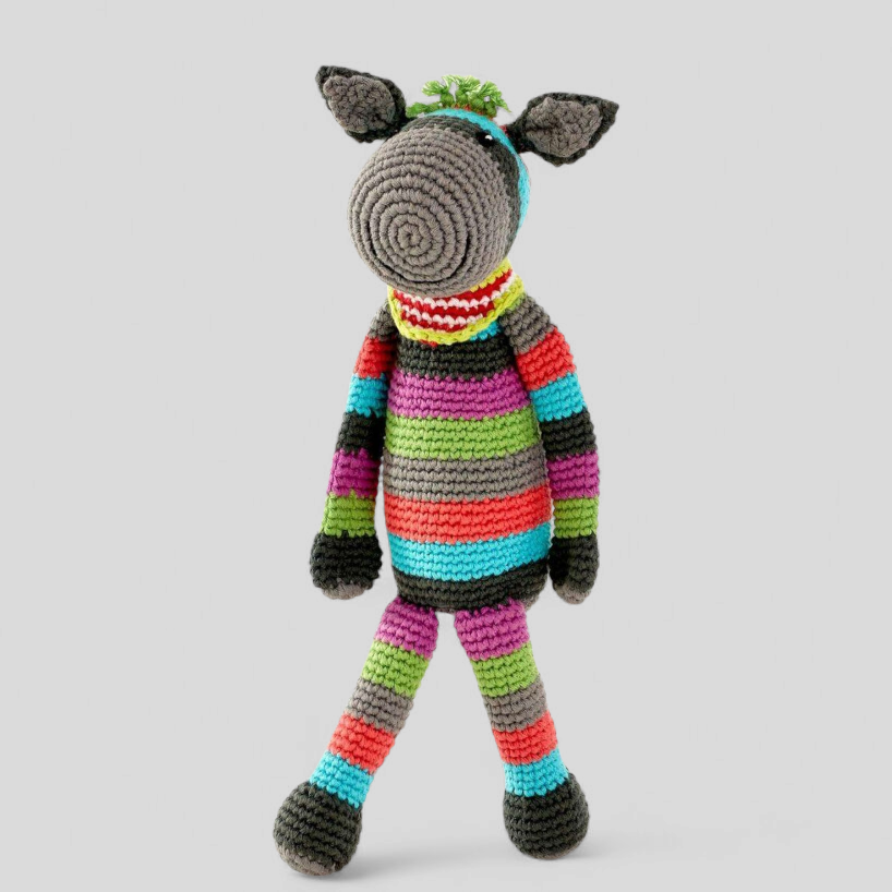 Pebble crochet donkey baby rattle – fair trade soft toy with colourful stripes, handmade