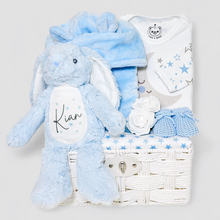 Load image into Gallery viewer, Personalised baby boy hamper with blue robe, stars sleepsuit, muslin, booties & plush bunny