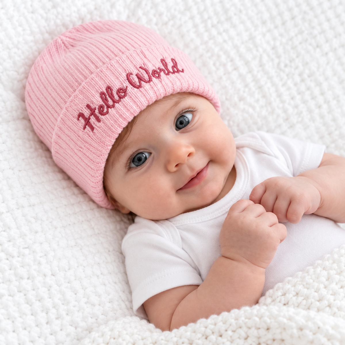 Newborn baby girl wearing a pastel pink ribbed knitted hat with darker pink Hello World embroidery.