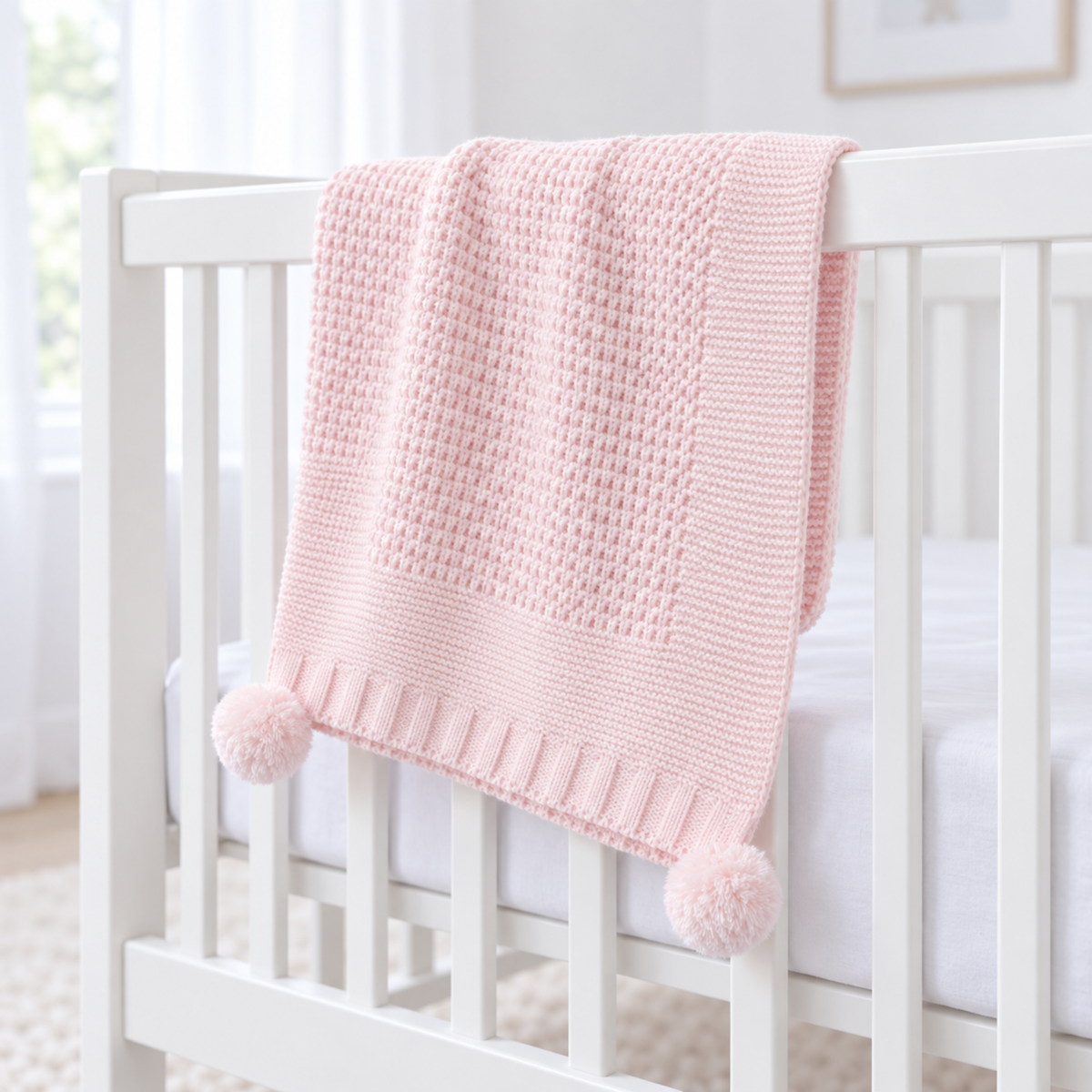 Pink Knitted Baby Blanket with Pom Poms – Baby Girl Gift