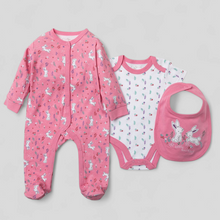 Load image into Gallery viewer, Baby pink outfit set with onesie, bodysuit, and bib. baby clothes gift set bunny themed.