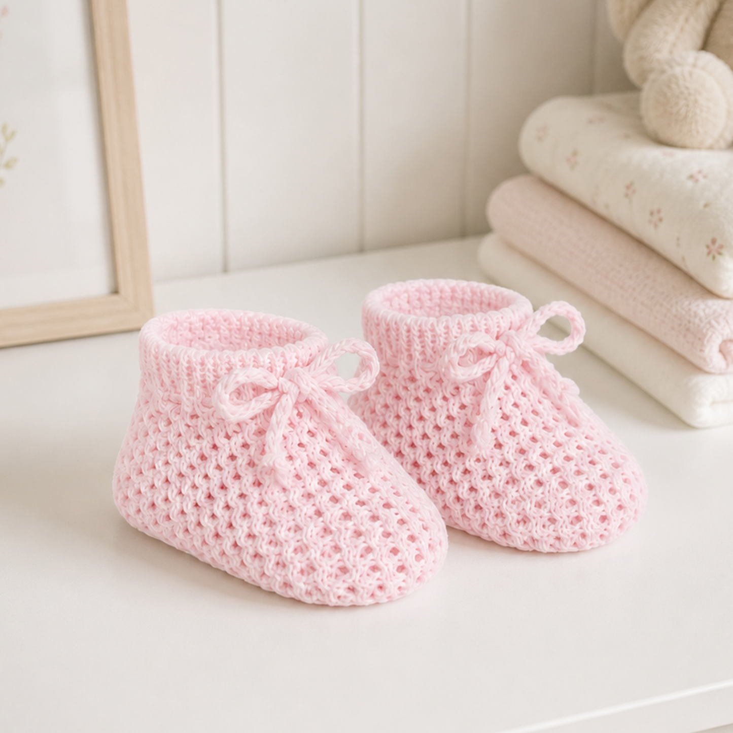 Pink baby booties for newborn girl – soft, cosy gift idea from Ema and Boo