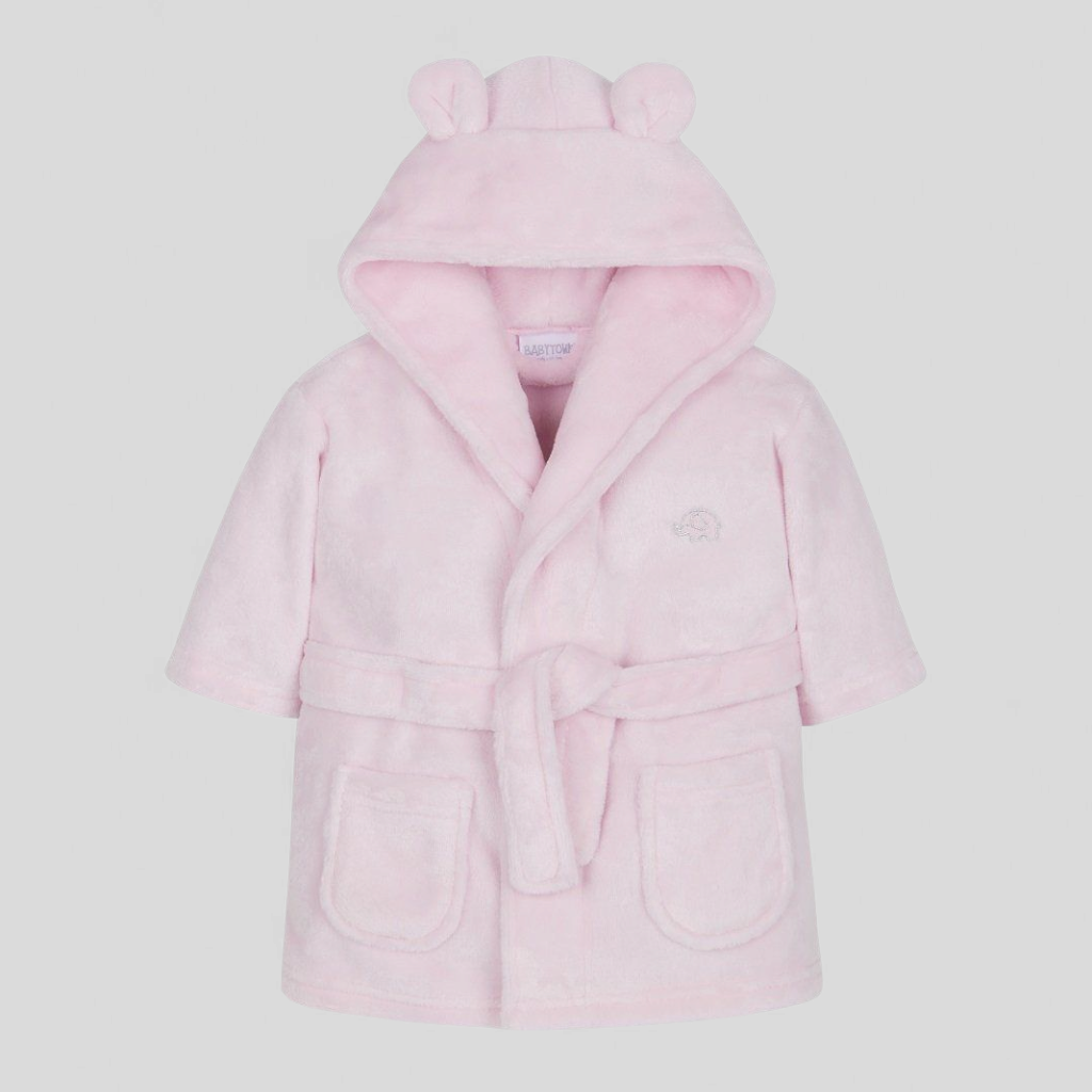 Pink children's robe with bear ears on a light gray background