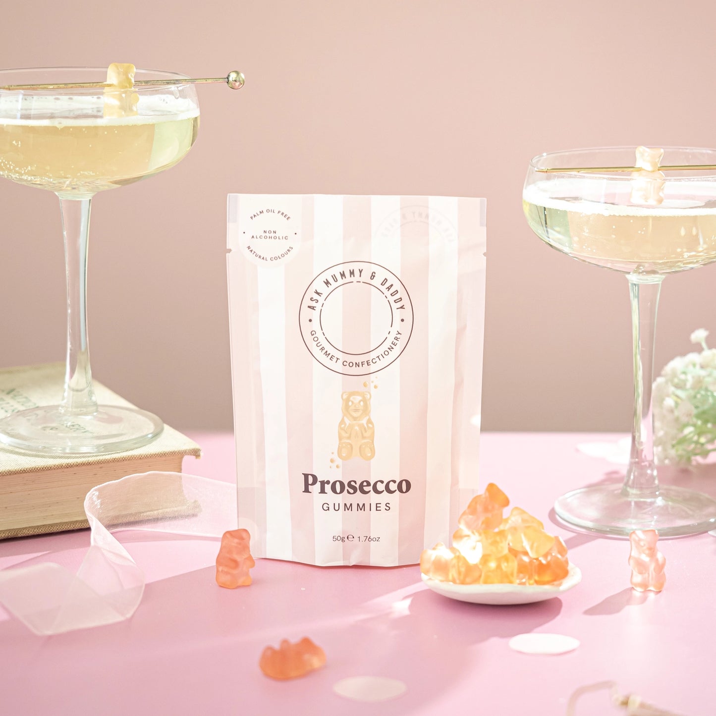 Prosecco gummy bears in 50g pouch – non-alcoholic treat for new mums and baby hampers.