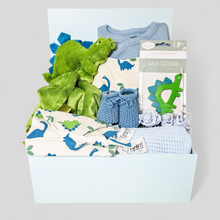 Load image into Gallery viewer, Roarsome Snuggles baby boy hamper – dinosaur-themed baby gift box with newborn essentials