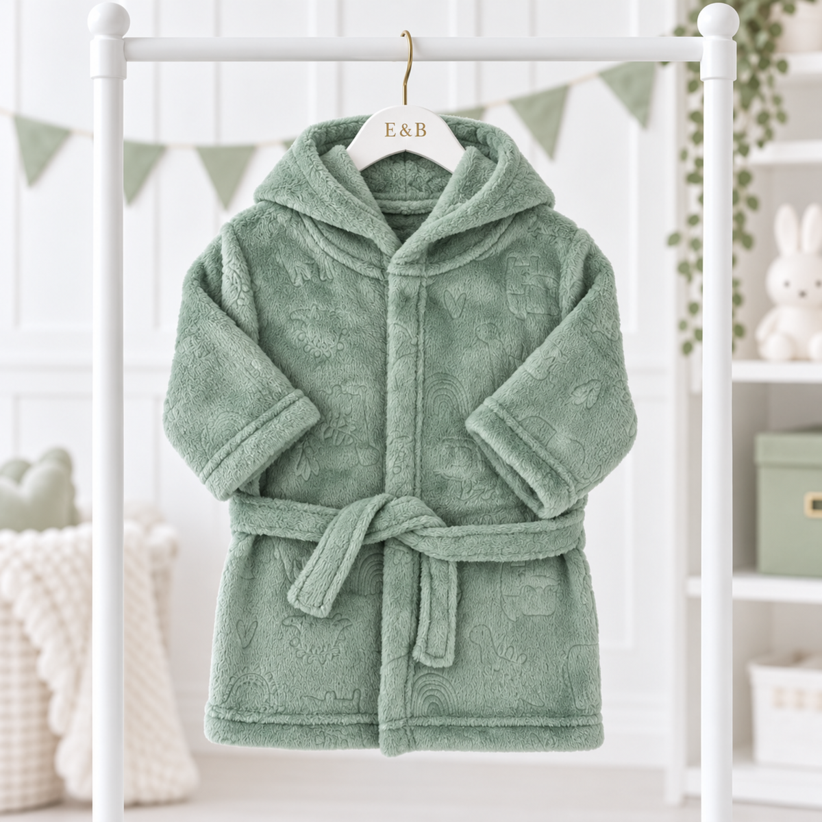 Sage green hooded baby dressing gown with embossed animal and rainbow pattern, matching waist tie and soft plush fabric