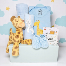 Load image into Gallery viewer, Snuggle Safari New Baby Boy Hamper – giraffe toy, Ema and Boo bodysuit, blanket and newborn essentials in luxury gift box
