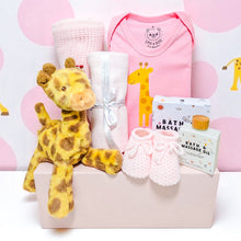 Load image into Gallery viewer, Snuggle Safari baby girl hamper – giraffe toy, baby bodysuit, muslin, blanket and oil in gift box