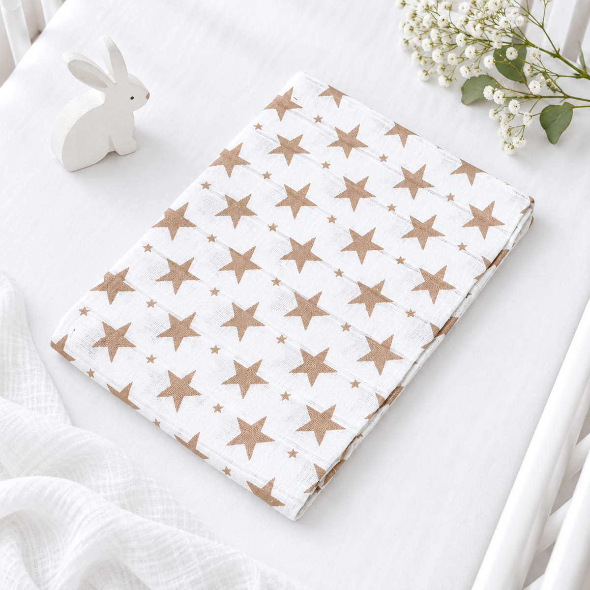 Taupe Star muslin square – 100% cotton baby cloth and infant gift