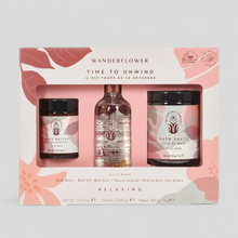 Load image into Gallery viewer, Wanderflower gift set with body butter, bath oil, and bath salts.