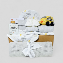 Load image into Gallery viewer, Tiny Explorer Baby Boy Hamper – baby clothing set, cellular blanket, massage oil, yellow taxi rattle, and new mum gift in keepsake box
