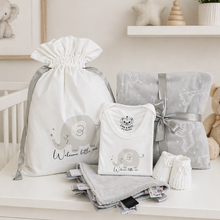 Load image into Gallery viewer, neutral baby gift set welcome little one elephant design