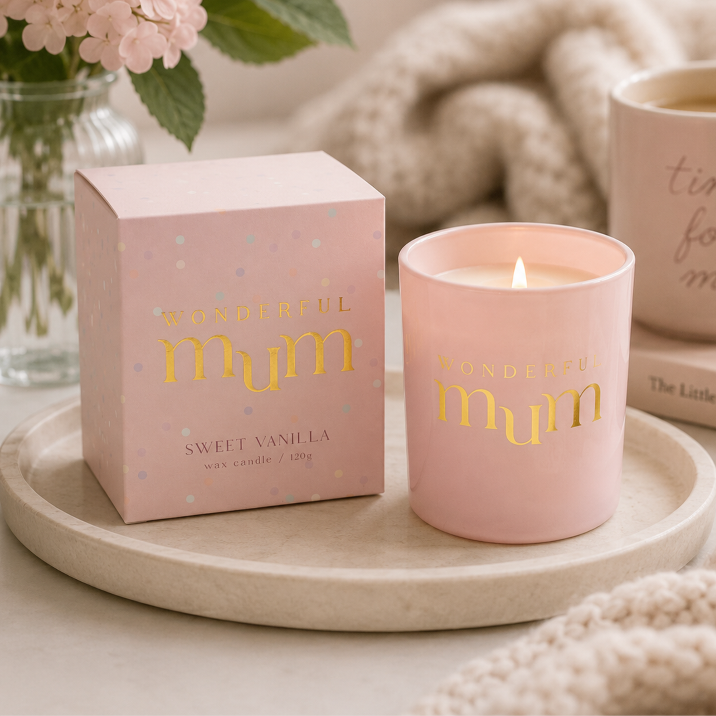 Wonderful Mum sweet vanilla pink candle, thoughtful new mum gift for new mum hampers, baby shower gifts and new mum care packages